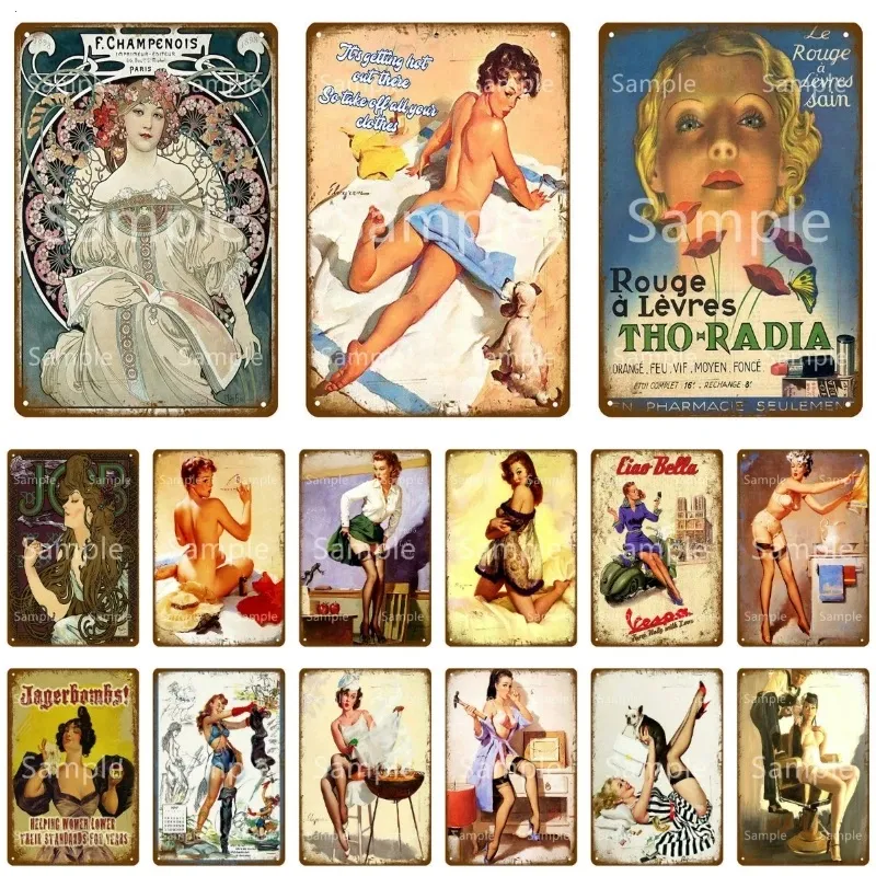 Vintage pin up poster metalen tin teken sexy lady lady posters home decor auto strand schoonheid meisje kunst muur sticker bar room pub club man cave bord home muur decor maat 30x20cm w01