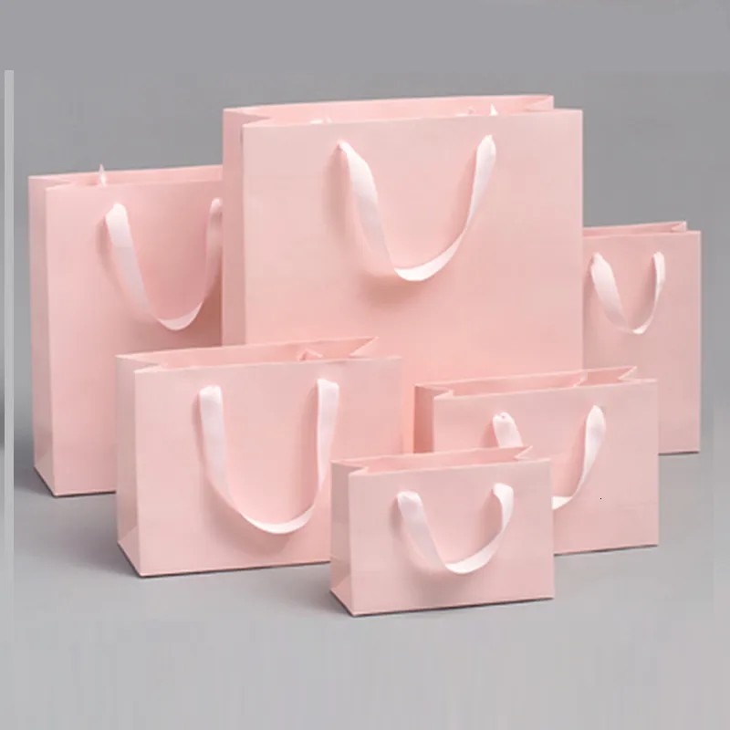 Gift Wrap Light Pink Paper Bags With Ribbon Handles Candy Gift Accessories Packing Bags 230301