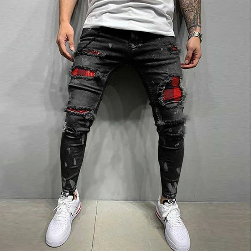 Mäns jeans män målade stretch mager smala fit rippade nödställda veckade knä lapp denim byxor varumärke casual byxor för maskulina y2303