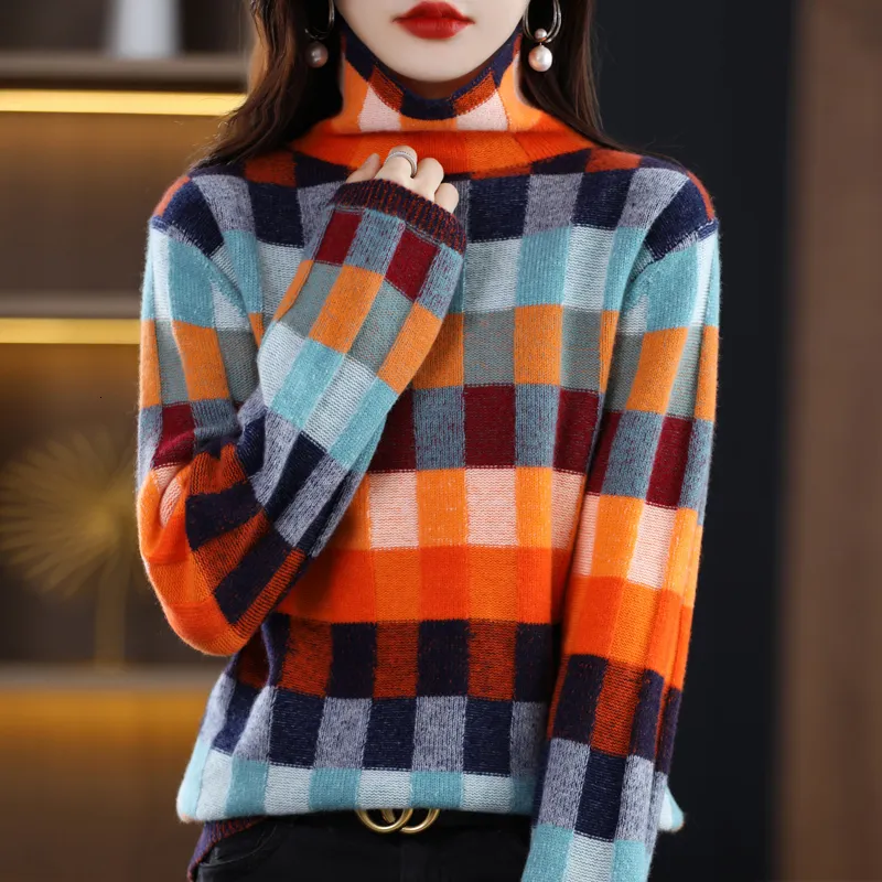 Damenpullover BELIARST100 % Merinowolle Damenbekleidung Pullover Mode Schachbrett Plaid Top Strick Rollkragenpullover Herbst Winter 230301