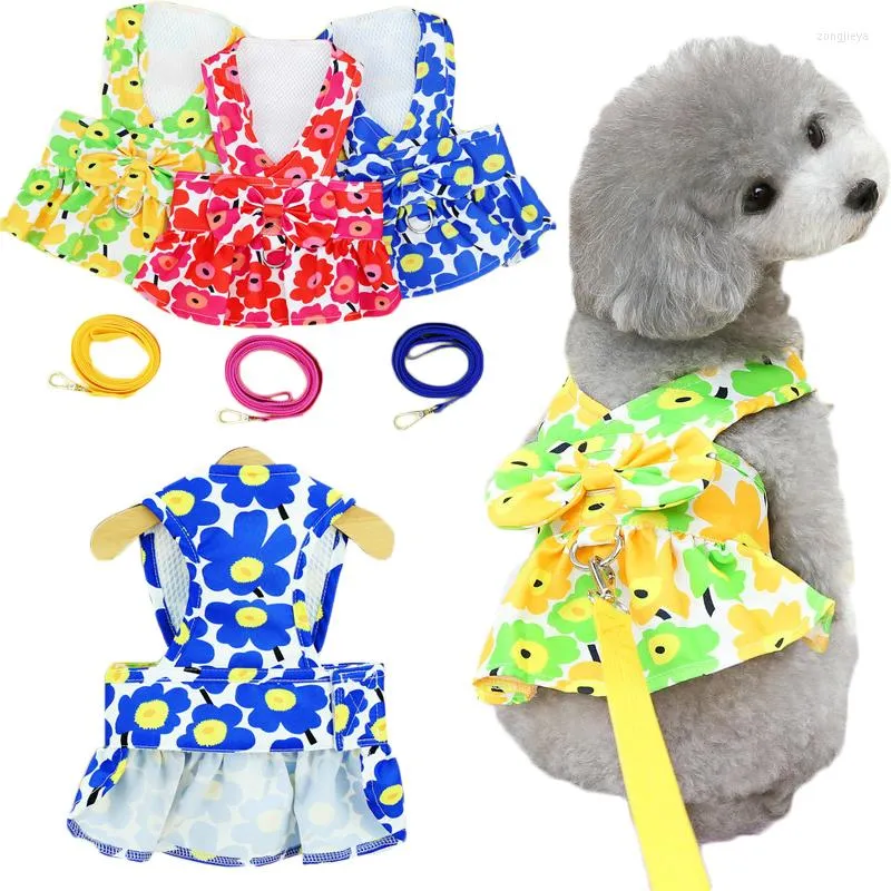 Dog Collars Floral Harness Vest Summer Mesh Pet Accessories Bowtie Dress Harnesses Vests Leash Set For Small Dogs Yorkie Puppy Skirt