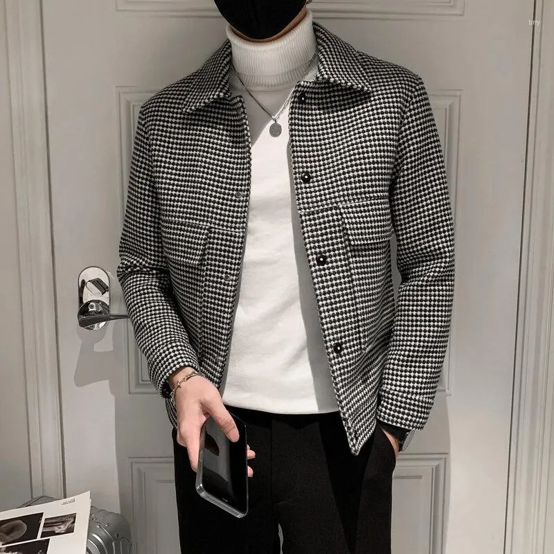 High Quality Mens Plaid Wool Plaid Trench Coat Mens Jacket Slim Fit