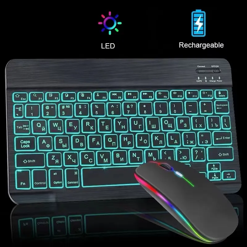 Set tastiera e mouse wireless per tablet Combo tastiera e mouse da 10 pollici Tastiera Bluetooth retroilluminata RGB per telefoni PC portatili