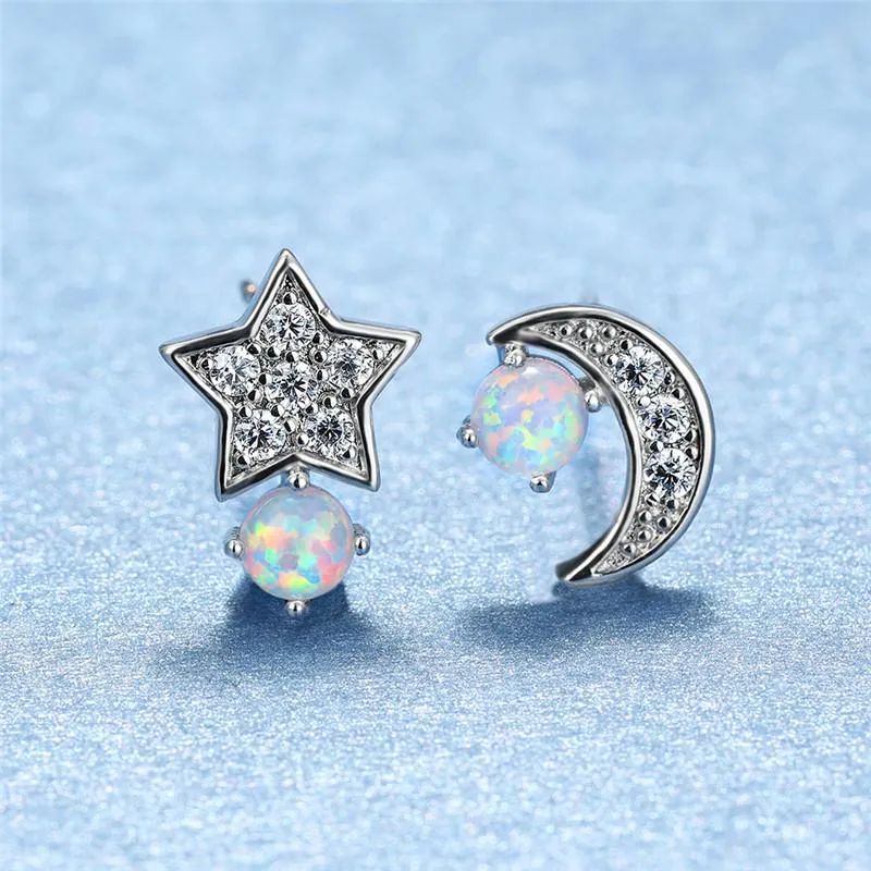Studörhängen söt kvinnlig vit eld opal Dainty Silver Color for Women Korean Small Star Moon Wedding Earringstud