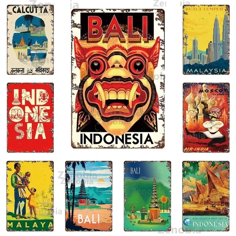 Bali Malaysia Travel Metal Poster Vintage Metal Tin Sign Paysage Shabby Tin Plates Plaque Retro Fer Peinture Man Cave Décoration Home Wall Decor Taille 30X20CM w01