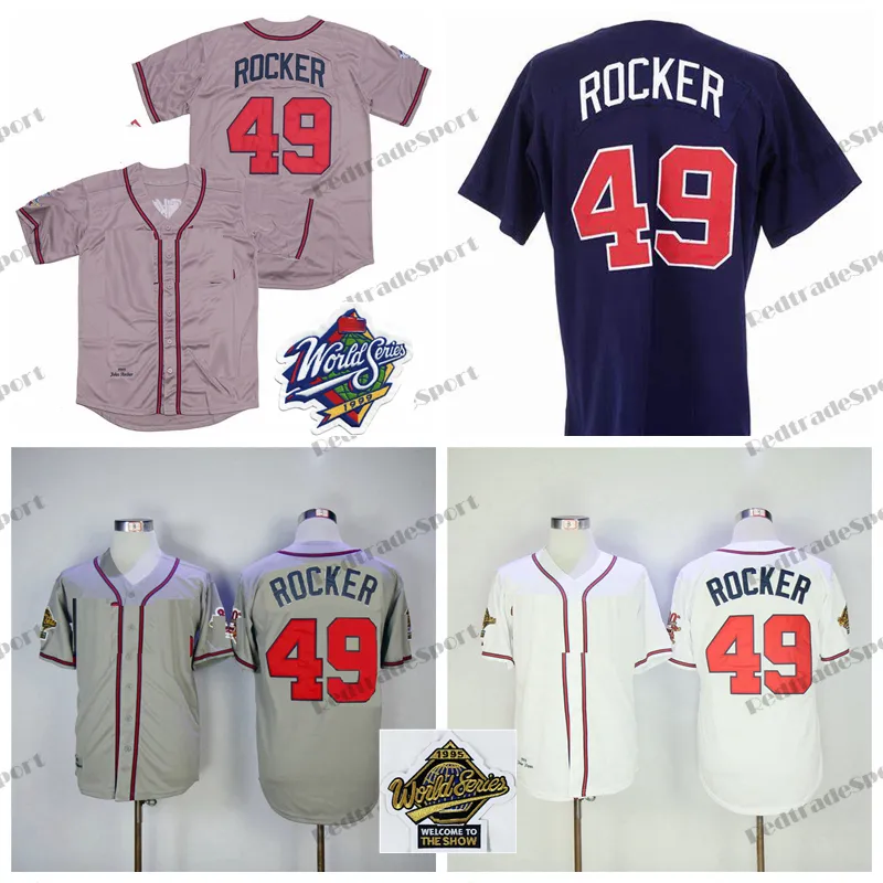Hommes 49 John Rocker Baseball Jerseys Vintage 1995 WS 1999 Blanc Gris Bleu Marine Blanc Chemises Cousues