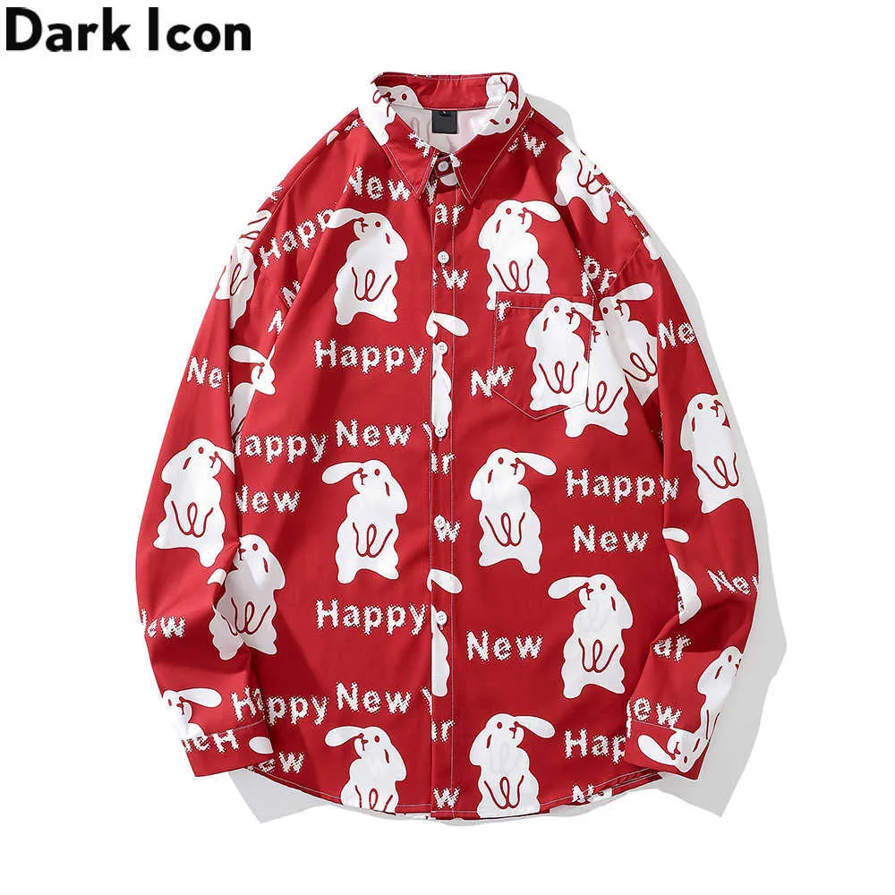 Men's Casual Shirts Dark Rabbit Full Print Long Sleeve Red Shirt for New YearTurndown Collar Men Women Shirts Z0224