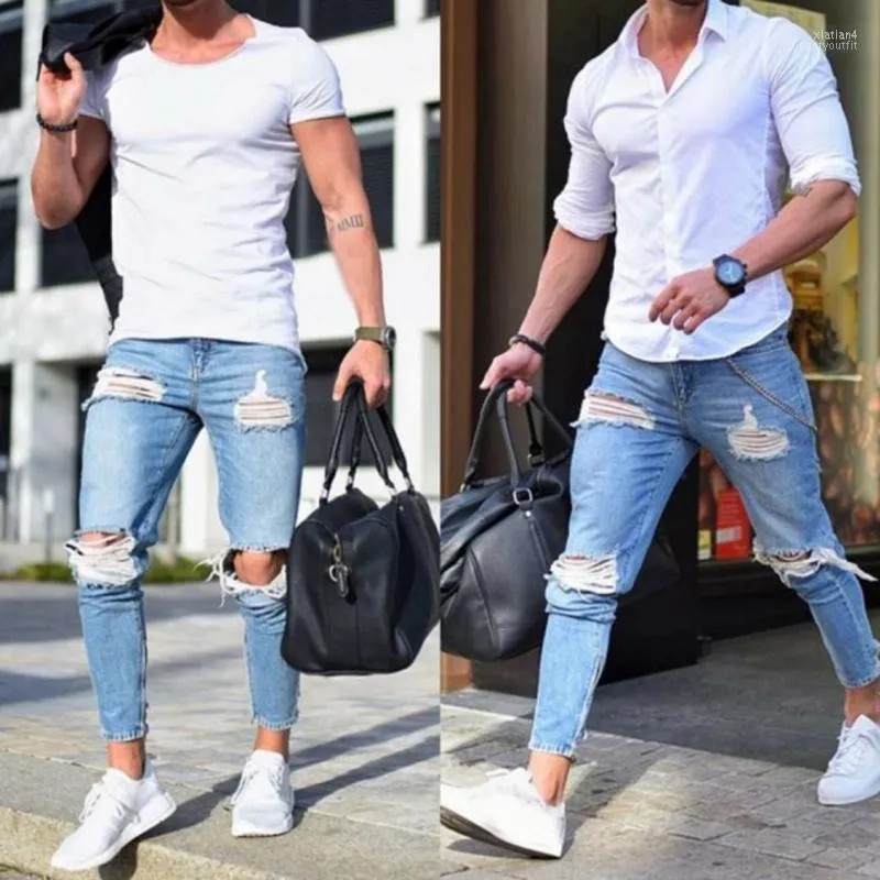 Mäns jeans 2023 män mode staplade mager rippade manliga coola denim slacks byxor hip hop retro pojkvän streetwear ljusblå