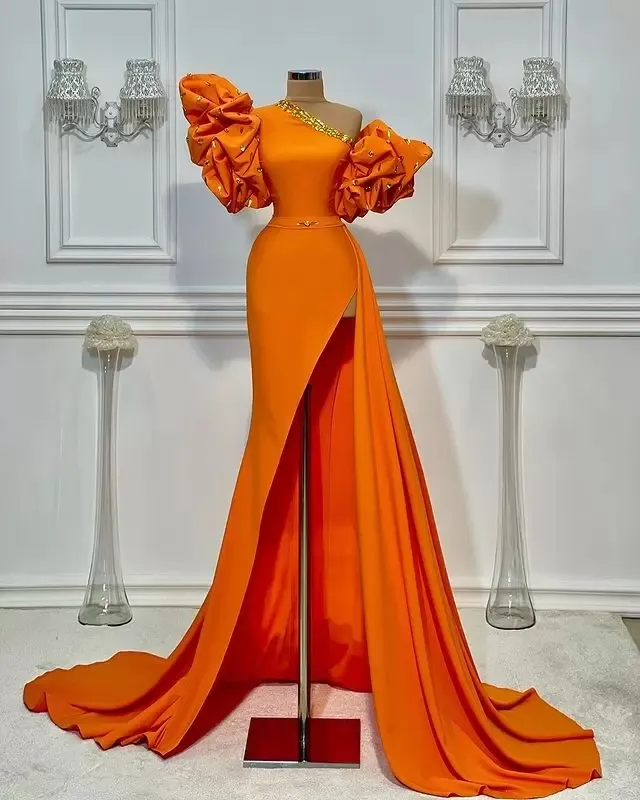 Aso Ebi 2023 Arabic Stylish Orange Sheath Evening Dresses Crystals Short Sleeves Prom Dresses Sexy Formal Party Second Reception Gowns GE0228