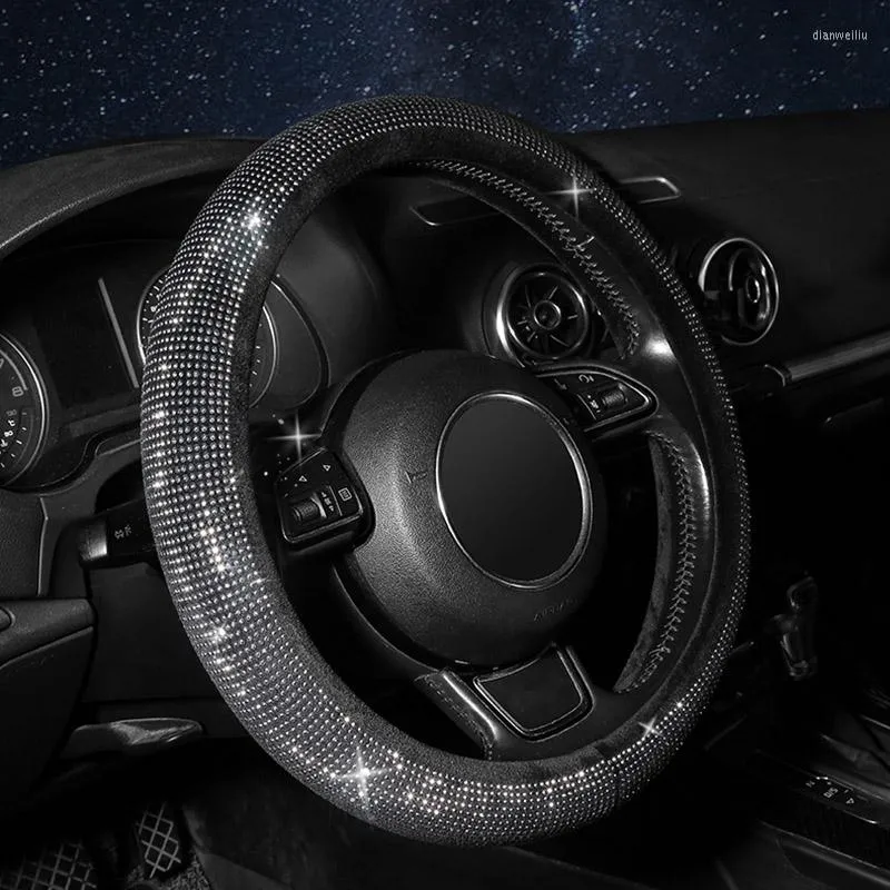 New Diamond Leather Steering Wheel Cover with Bling Bling Crystal  Rhinestones, Universal Fit 15 Inch Car Wheel Protector for Women Girls,Black