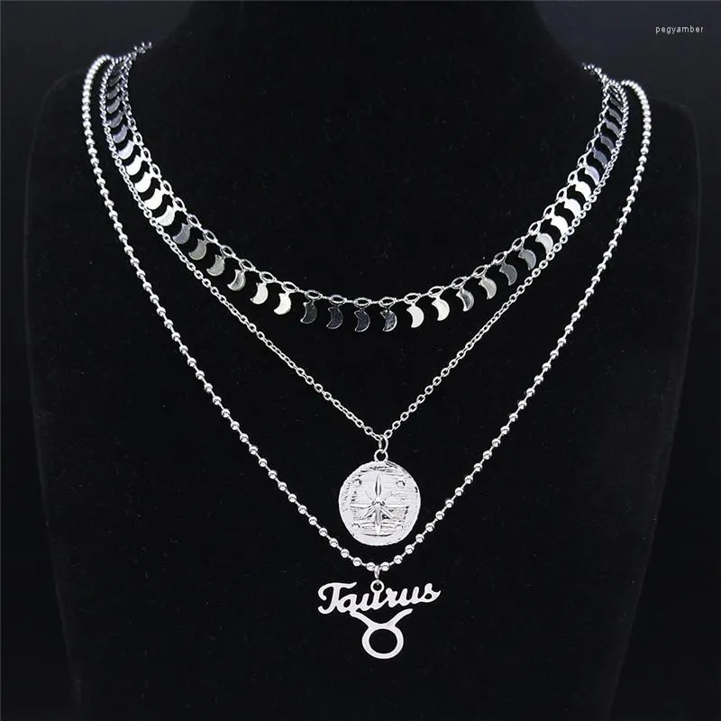 Подвесные ожерелья 3pcs из нержавеющей стали Тельца Ожерелье для женщин серебряный цвет 12 созвездий слой ювелирные изделия Colgante nxs04