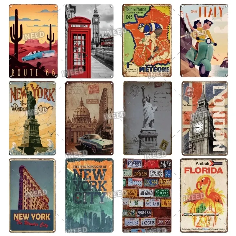 New York City Metal Poster Vintage Metal Tin Sign Landscape Shabby Tin Plates Plaque Retro Iron Painting Man Cave Decoration Home Wall Decor Size 30X20CM w01
