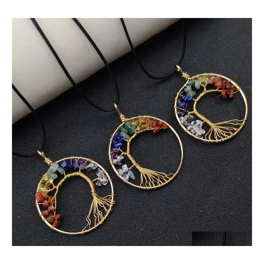 CAR DVR Pendant Halsband 50mm Healing Natural Stone Wrap Wrap Tree of Life Seven Chakra Necklace Lapis Lazi Crystal Agate for Women Reiki D Dhmaq