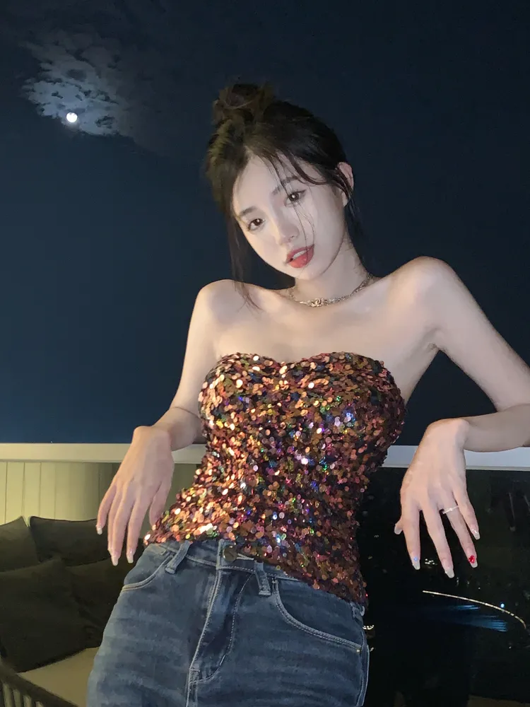 여자 튜브 탑 민소원 화려한 Paillette Shinny Bling Bodycon Bustier Tanks Camis SM