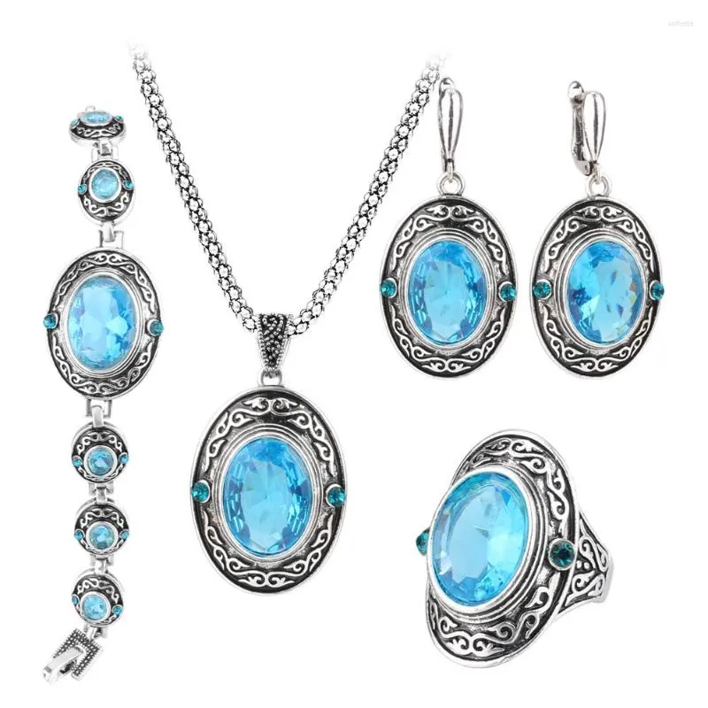 Necklace Earrings Set Kinel Women Blue Natural Zircon Vintage Jewelry Tibetan Silver Ethnic Pattern Fashion Bride Wedding Crystal Gift