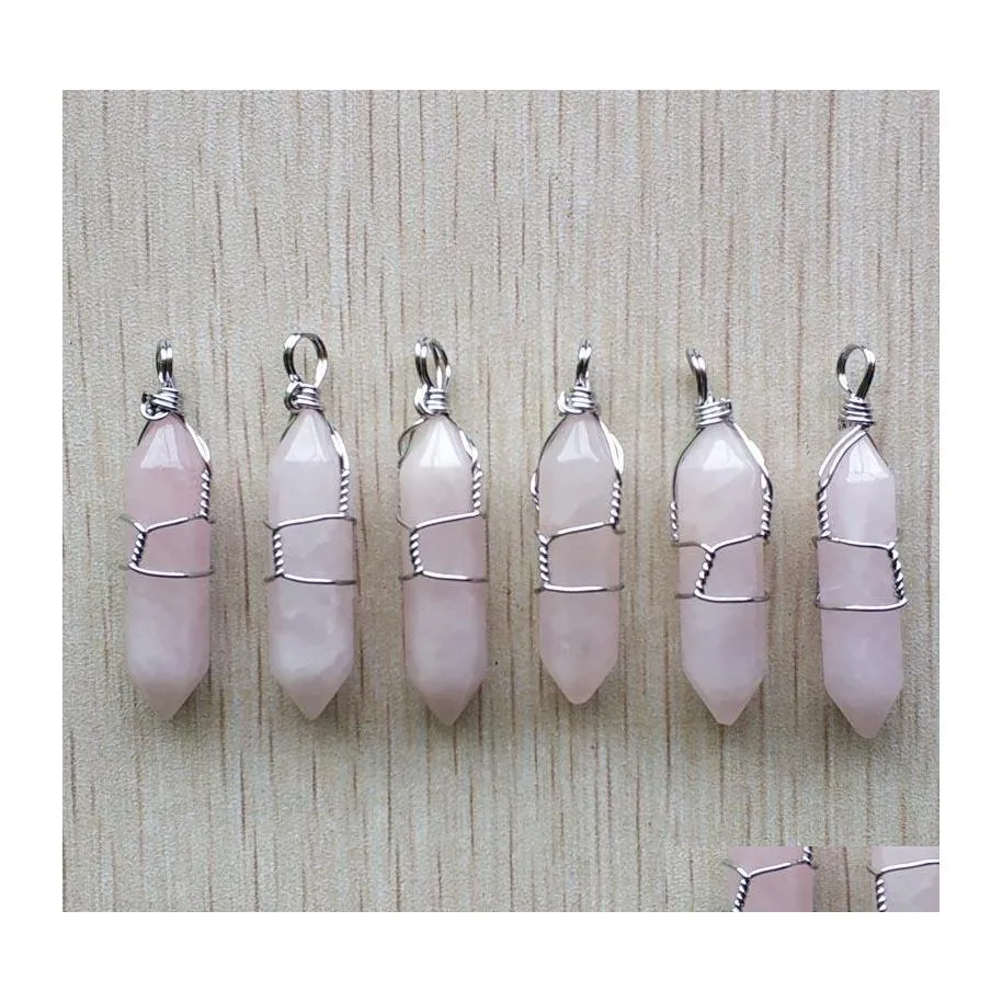 car dvr Charms Hexagonal Natural Stone Pink Rose Quartz Pillar Shape Point Handmade Iron Wire Pendant For Jewelry Making Drop Delivery Findi Dhpb2