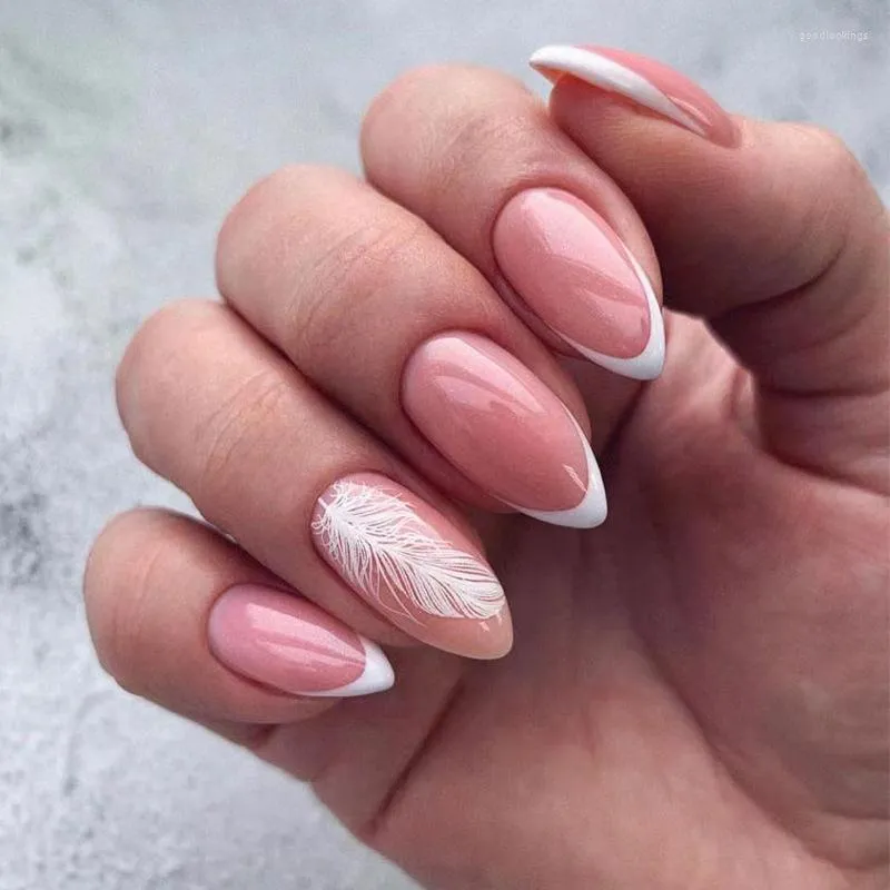 False Nails White Feather Design Wearable Nail Art Simple French Long Stiletto Finished Press On With Glue Wholesale