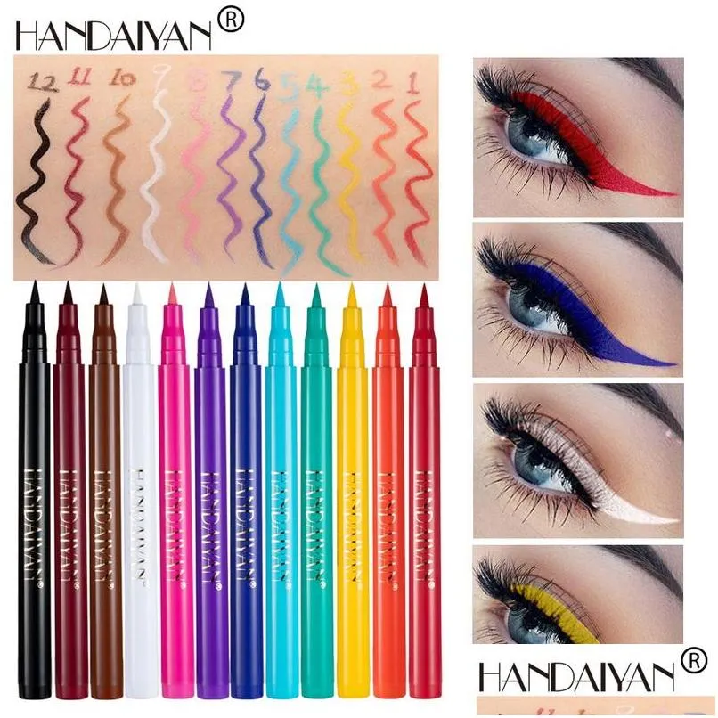 Eyeliner Handaiyan Matita liquida colorata 12 tonalità Waterproof Matte Sweet Proof Long Last Non facile da sbavare Trucco Eye Liner Pen Dr Dhq4V