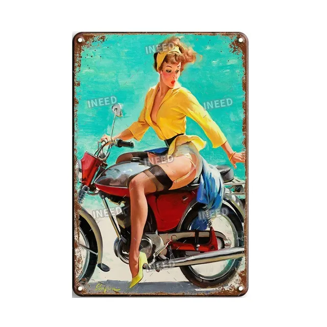 オーダー受付パネル♡Girlパネル❤︎レトロバイク Vintage Pin Up Girl Metal Sign - Retro Route 66 Tin Poster, Sexy