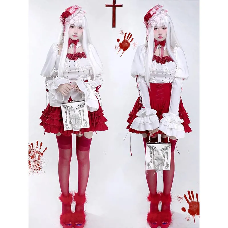 Skirts Summer Japanese Harajuku Style Girls Red Bandage High Waist Stitching Sweet Lolita Mini Kawaii Girl Suit