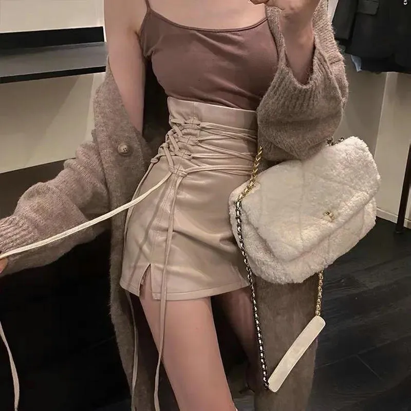 Fashion Women Ladies Skirt Spring Autumn Solid Color Sexy Clubwear Mini High Waist LaceUp Pencil Cross For 230301