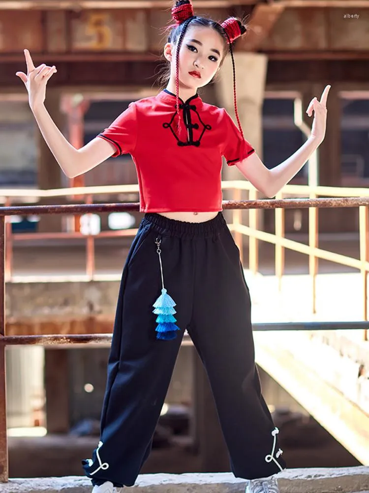 Stage Wear Kids Hip Hop Dance Kostuum Girls Chinese stijl Red Tops Black Pants Performance Suite Summer Street Rave Dessen BL8213