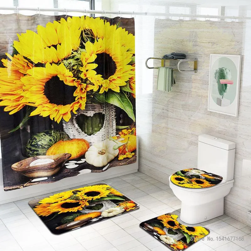 Shower Curtains Sunflower Curtain Toilet Mat Waterproof Polyester Fabric With Hook Set Bath Floor