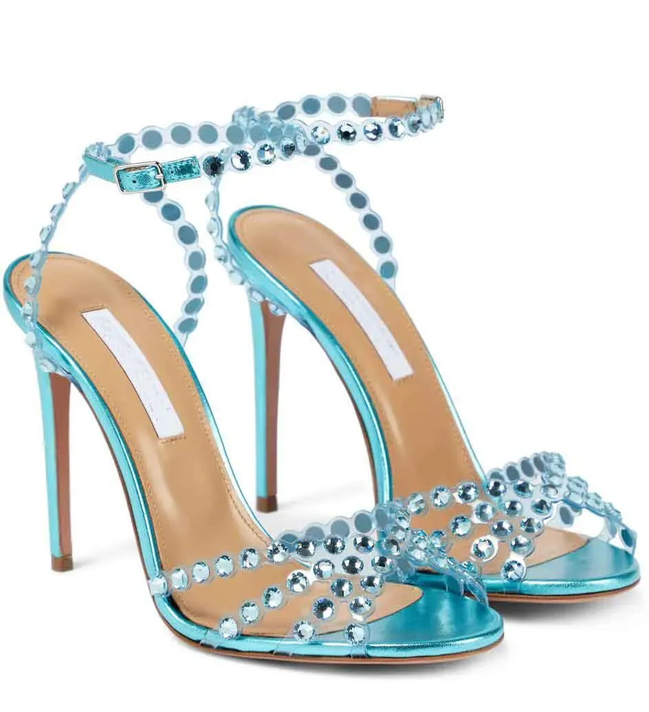 2024 Famous Design Summer Tequila Leather Sandals Shoes Women Strappy Design Crystal embellished Sexy Lady High Heel Dress Bridal Wedding EU35 43