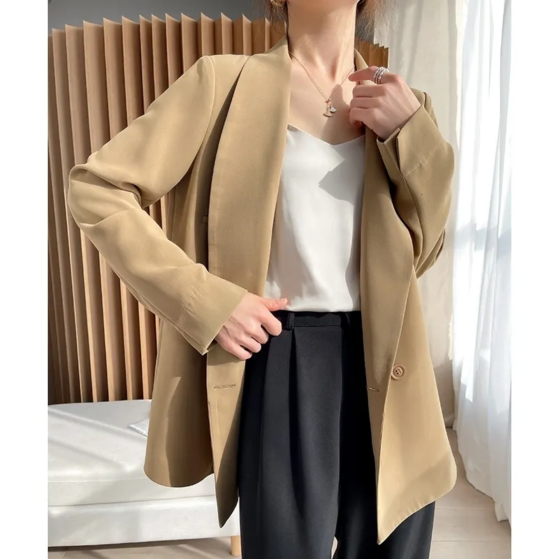 LongSleeved Suit Collar Jacket Temperament Highgrad Vinäger Acid Real Silk Satin Loose Simple Goddess Fan Top 230301