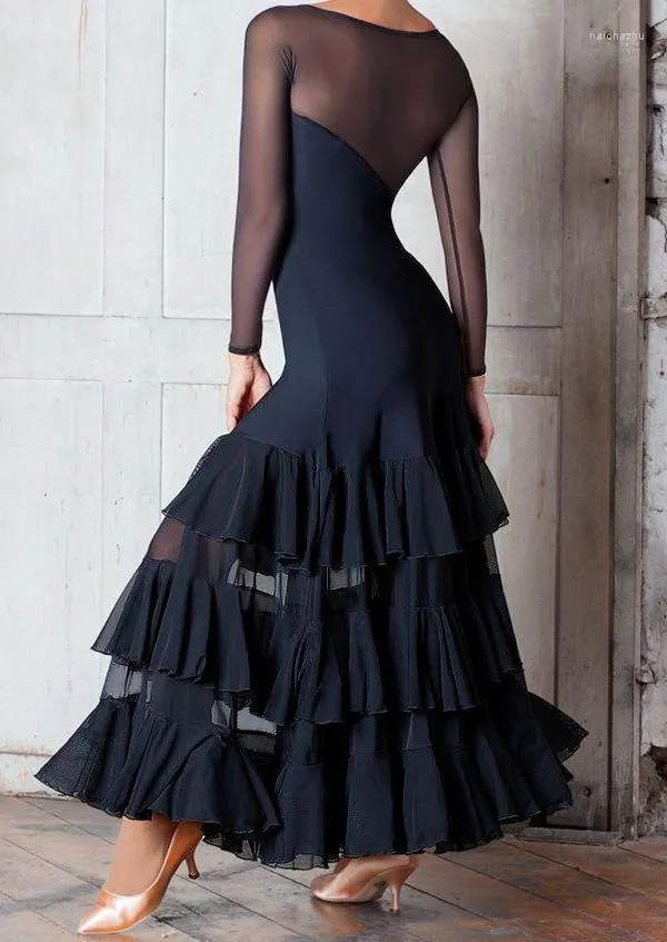 Vêtements de scène 2023 robes de danse de salon dame à manches longues Tango valse danse Costumes femmes robe de compétition W17001A