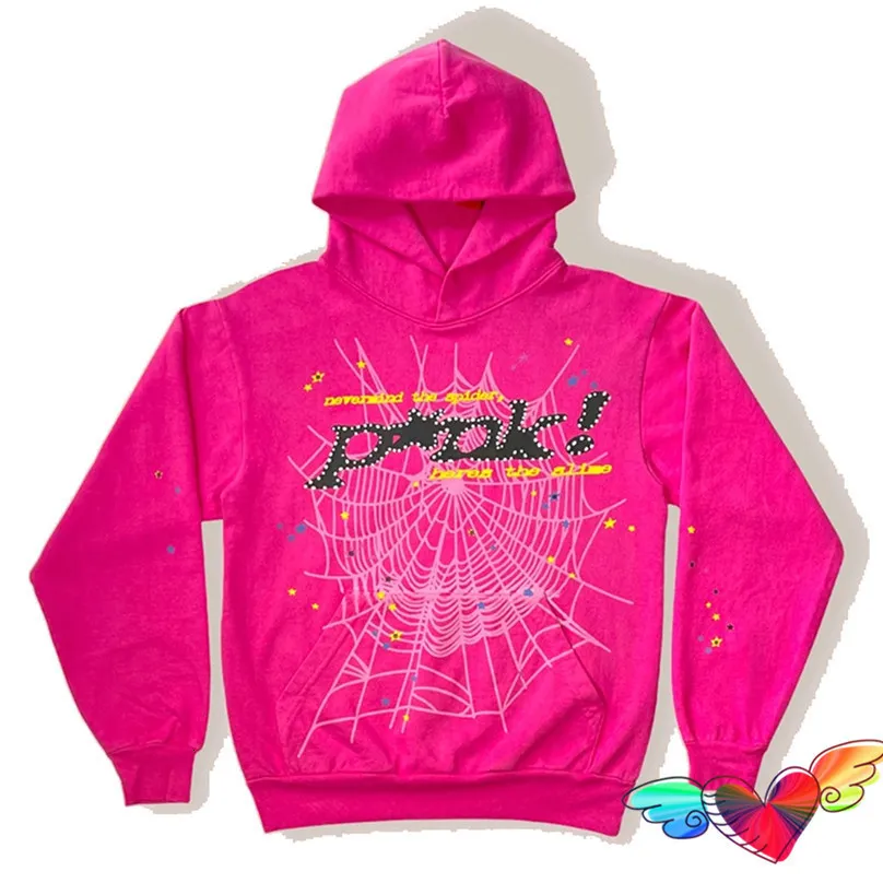 Mens Hoodies Sweatshirts Young Thug Pink Sp5der 555555 Hoodie Men Women 1 1 High Quality Foam Print Spider Web Graphic 555555 Pullovers 230301