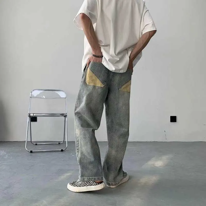 Mäns jeans lata stil män jeans koreanska hip hop lapptäcke överdimensionerade raka jean pants streetwear allmatch denim byxor ljus blå jeans z0301