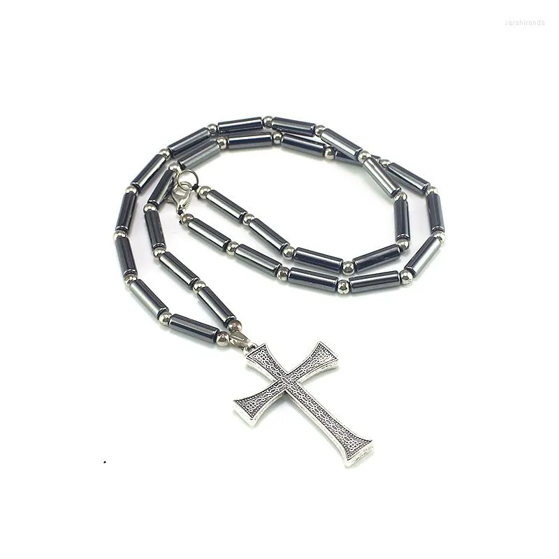 Pendant Necklaces Fashion Men Necklace Hematite Tube Beads With Zinc Alloy Cross Handmade Jewelry