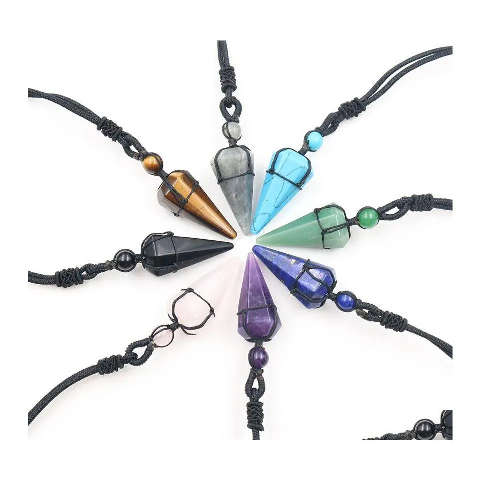 car dvr Pendant Necklaces Healing Hexagonal Pyramid Stone Amethyst Pink Crystal Quartz Opal Necklace Rope Chains For Men Women Fashion Jewel Dhv9L