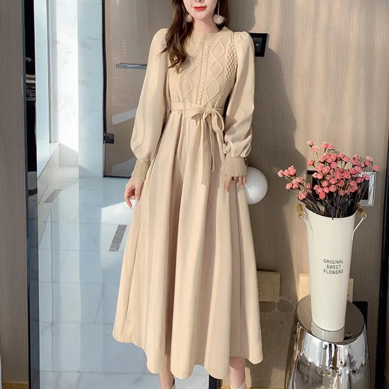 Robes décontractées 2023 élégant solide femmes Robe mode coréenne col rond bouffée à manches longues épissure tricot automne Vintage velours côtelé Vestidos Mujer