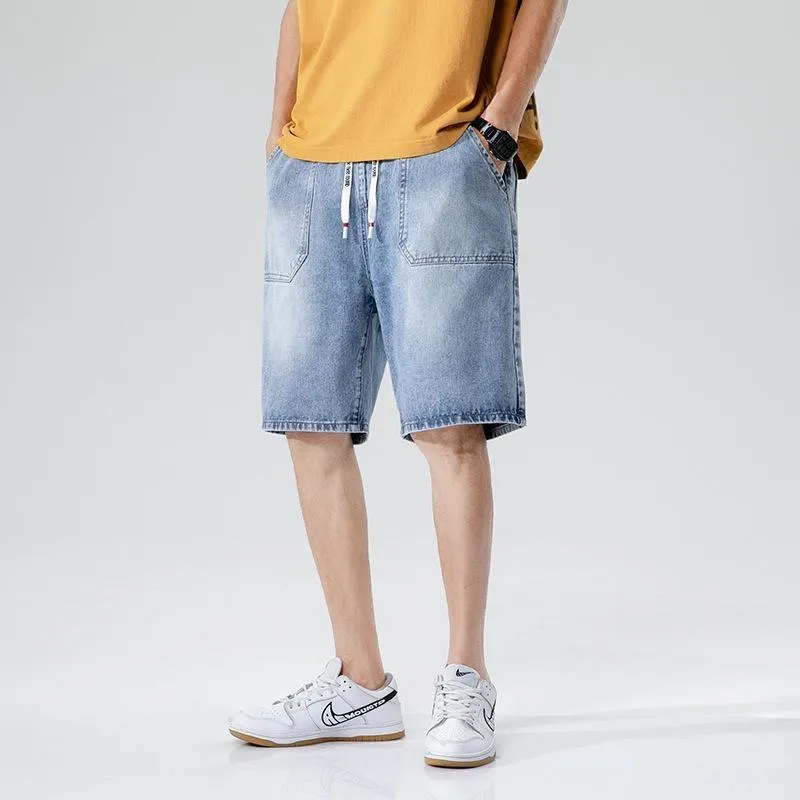 Men s Jeans Light colored Denim Shorts Mens Fashion Loose Straight Net Red Five point Pants Lace up 40