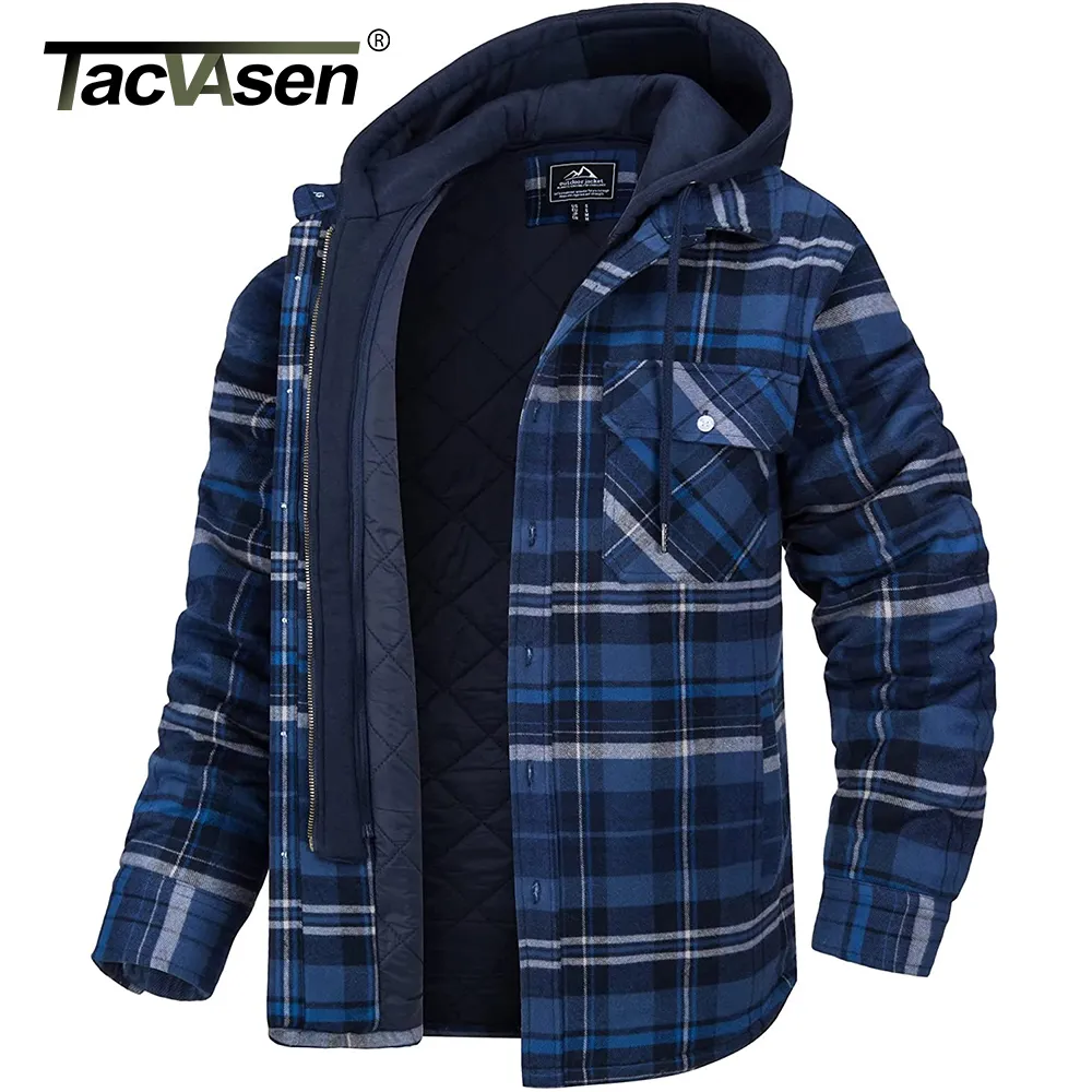 Men's Casual Shirts TACVASEN Men's Flannel Shirt Jacket with Removable Hood Plaid Quilted Lined Winter Coats Thick Hoodie Outwear Man Fleece Shirts 230301