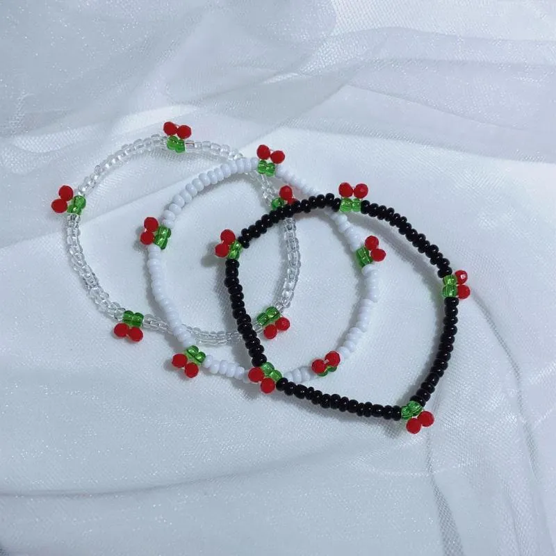 Strand gioielli coreani carino nero bianco ciliegia perline braccialetto di corda elastica braccialetti regolabili per ragazze da donna