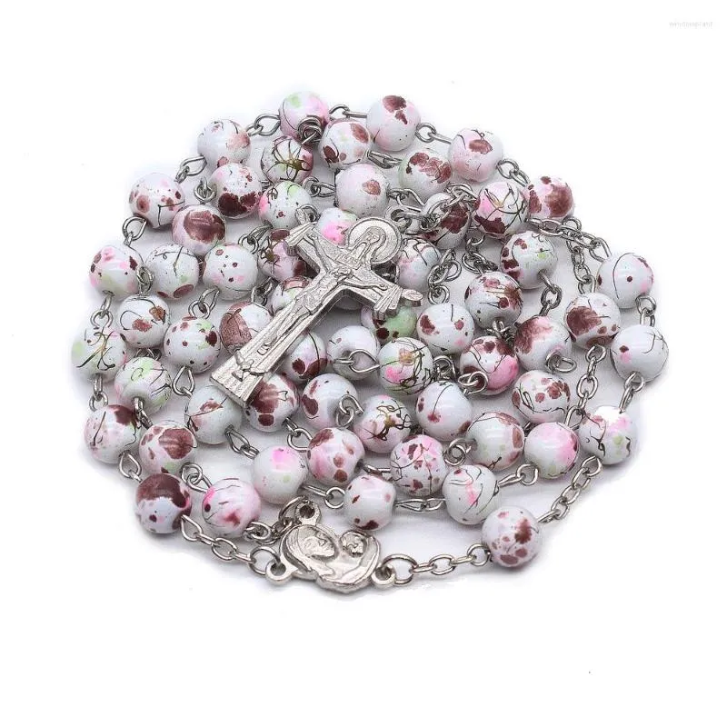 Hänge halsband rosa fläckiga glas radband korsa bönpärlor kristna katolska religiösa smycken tillbehör kvinnor gåvor