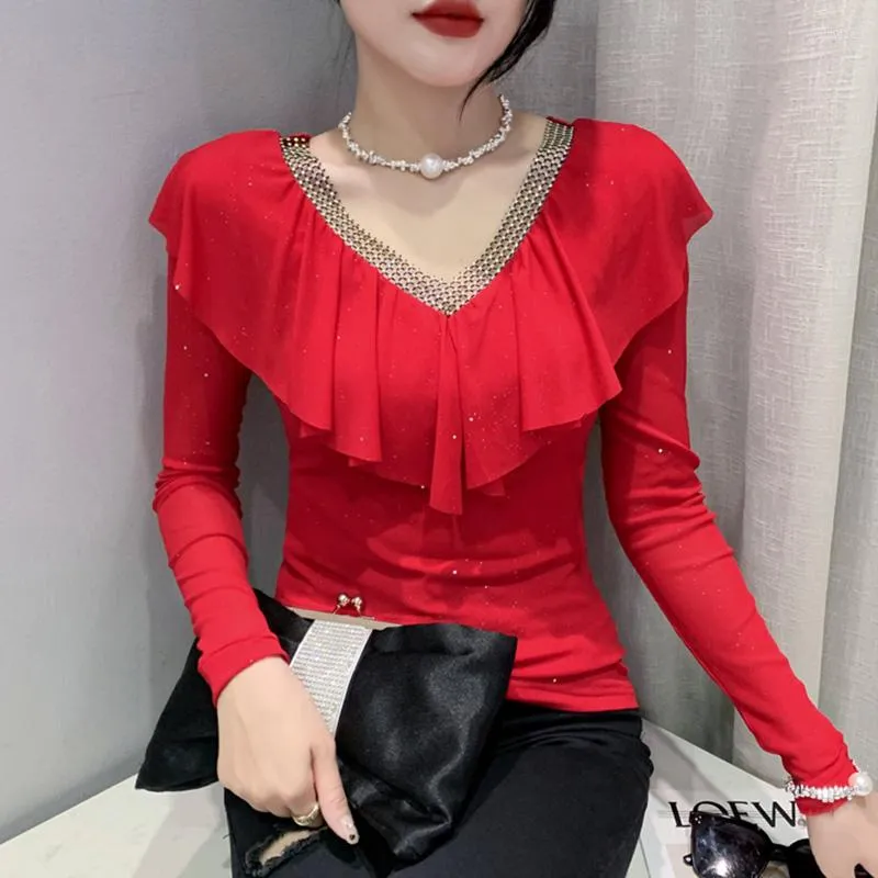 Women's T Shirts 2023 Autumn Winter Original Design Women's T-shirt V-Neck Mesh Långärmad ihålig Diamond Ruffles Tops