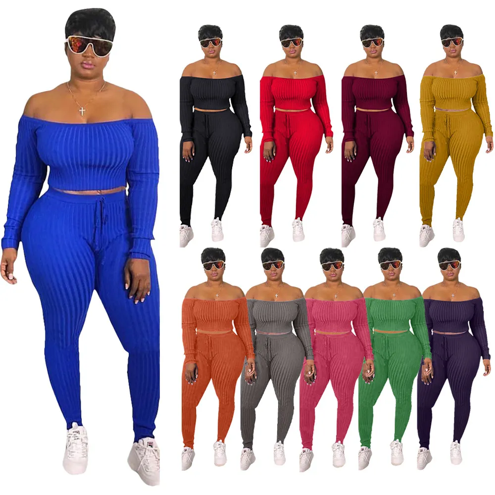 Sexy Plus Size Two Piece Tracksuits Off Shoulder Crop Top & Lace Up Pants Tracksuit Fall Women Clothing Streetwear Matching Sets