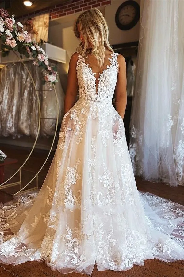 Sexy Lace Backless Wedding Dresses With Pocket A Line V Neck Appliques Tulle Summer Boho Bridal Gowns Plus Size BC15302