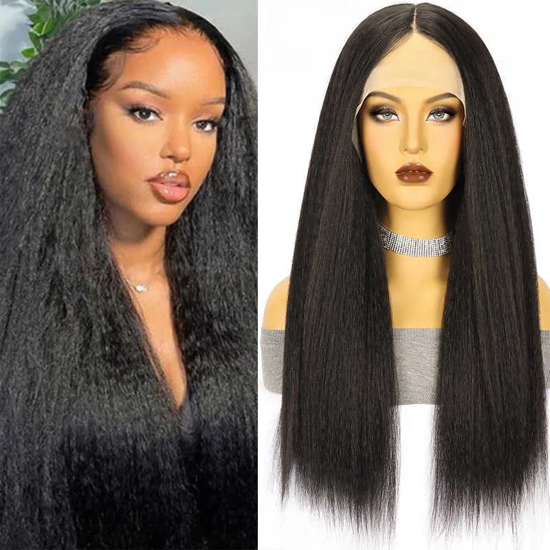 Парик женский Puffy Yax Front Lace Wig Black Yaki Химическое волокно Длинные прямые волосы Парики с полным покрытием головы 230301