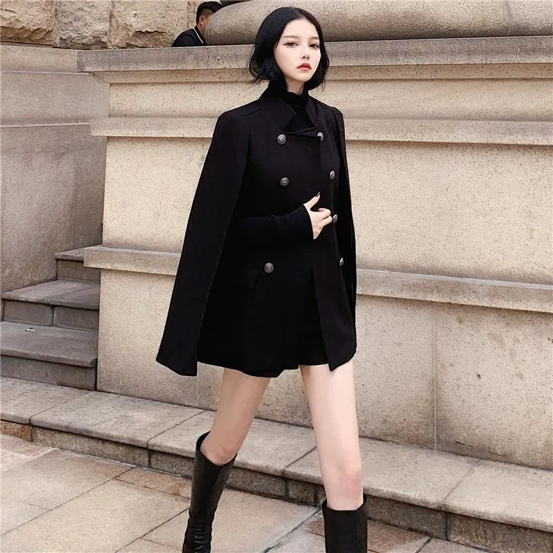 Women's black clearance wool cape coat