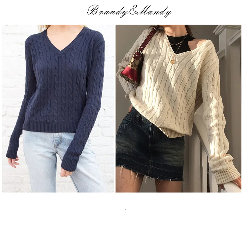 Camisolas femininas Brandy Mandy Women Top Autumn Casual Sweaters V Pescoço de manga comprida Sweater de malha para meninas Marinha marinha suéter 230301