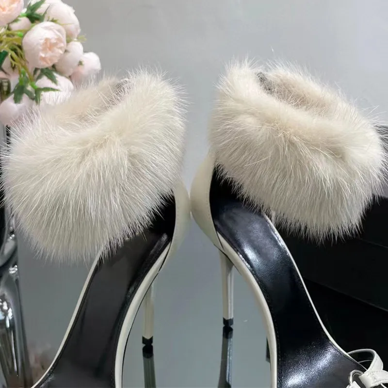 Pointed Toe Fur decro Sandals Women Stiletto Heels Slippers Designer Solid Color Fashion Summer Mules Causal Shoes Genuine Leather Dress Shoes Luxury Brand Mules