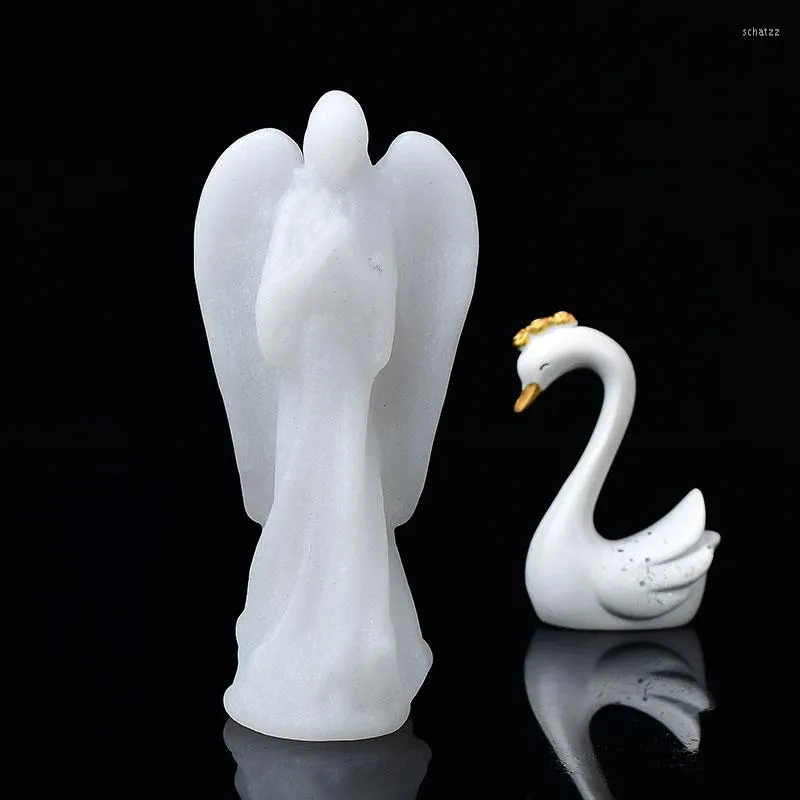 Decorative Figurines 1PC Natural White Marble Carving Angel Crystal Polished Jade Healing Ornaments Figurine Crafts Christmas DIY Gifts