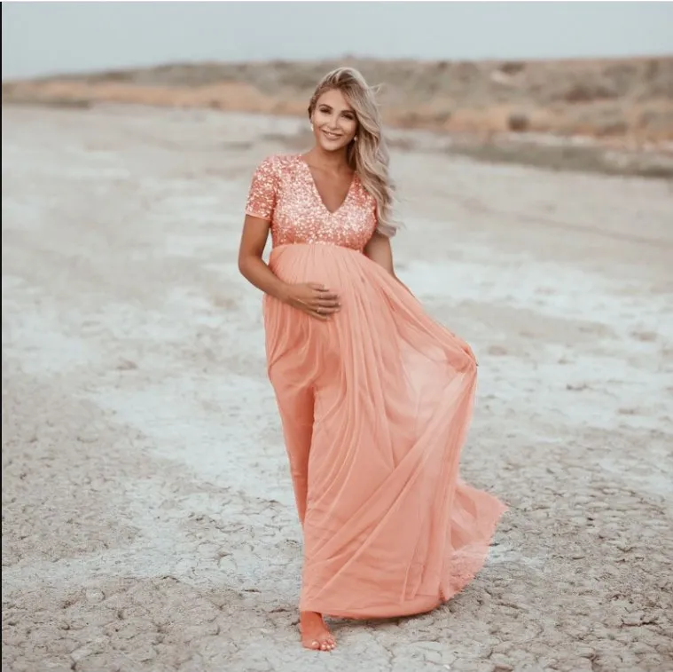 #57 Graviditetskläder Kortärmad Kvinnor Gravid Graviditet Mamma Fotografi Rekvisita Solid klänning med paljetter Vestido Boho Embarazo