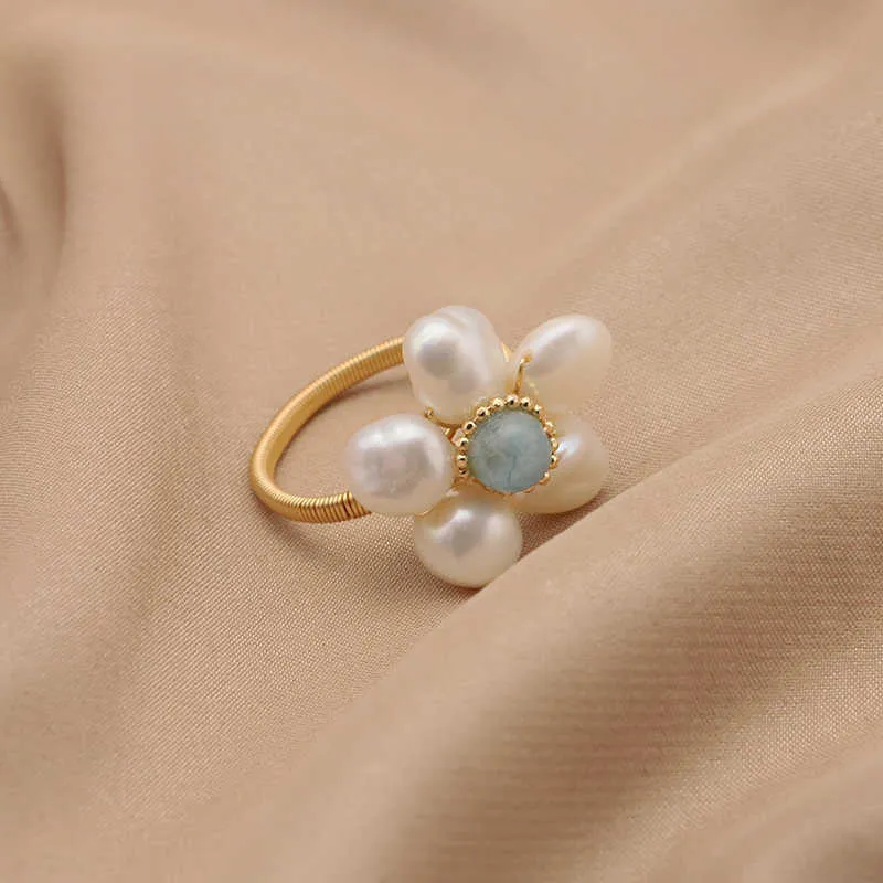 Cluster Rings XlentAg 2022 18K Électrolytique Aigue-Marine Perle D'eau Douce Naturelle Anneau Réglable Lady's Flower Winding Casual Bijoux G230228