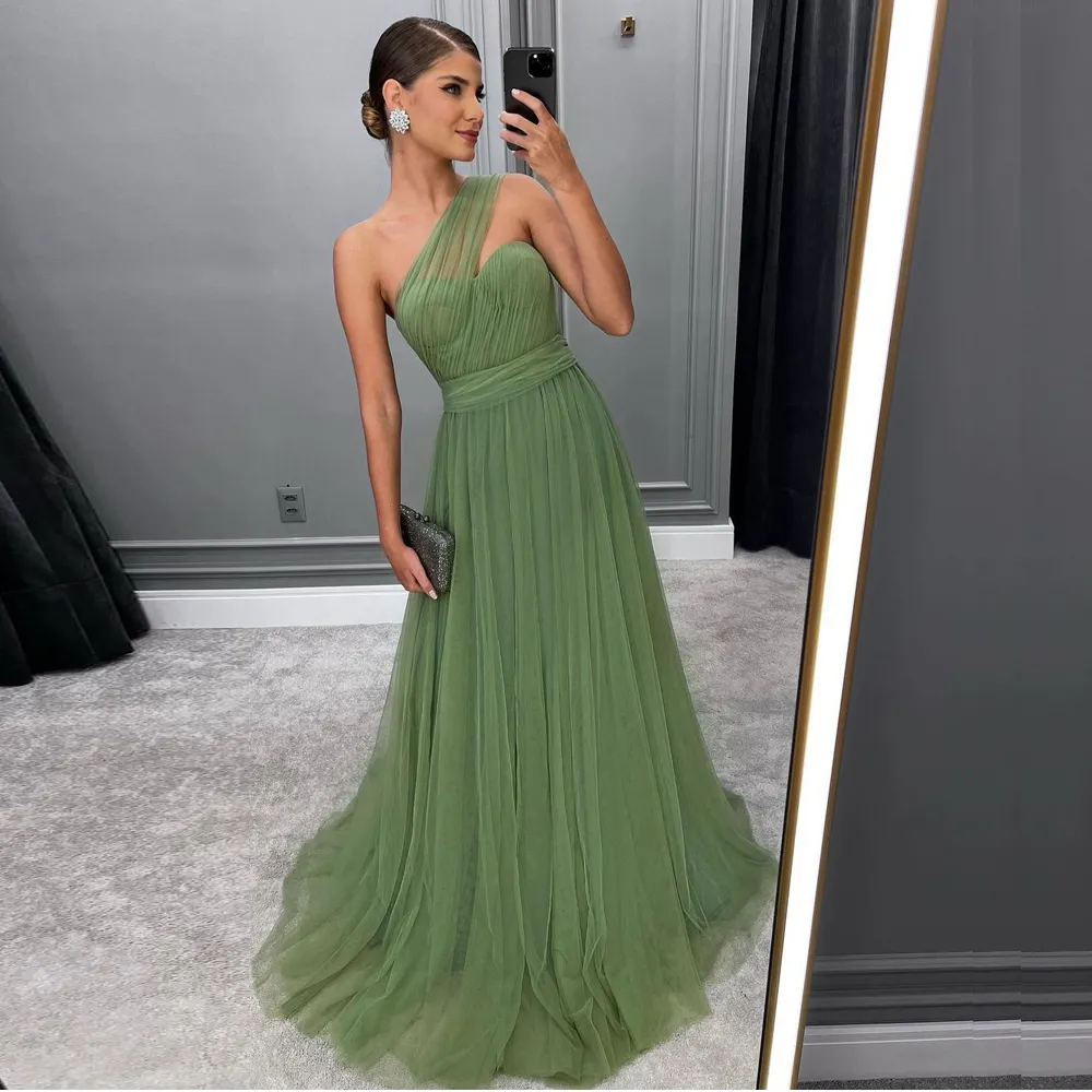 Modern One Shoulder Bridesmaid Dresses 2023 Ruched Tulle Banquet Gown Sage Green Boho Womens Maxi Dress